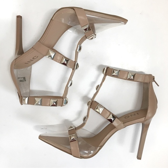 INC International Concepts Clear Pointed Toe Strappy Studs Heel Nude Pumps - Picture 9 of 15